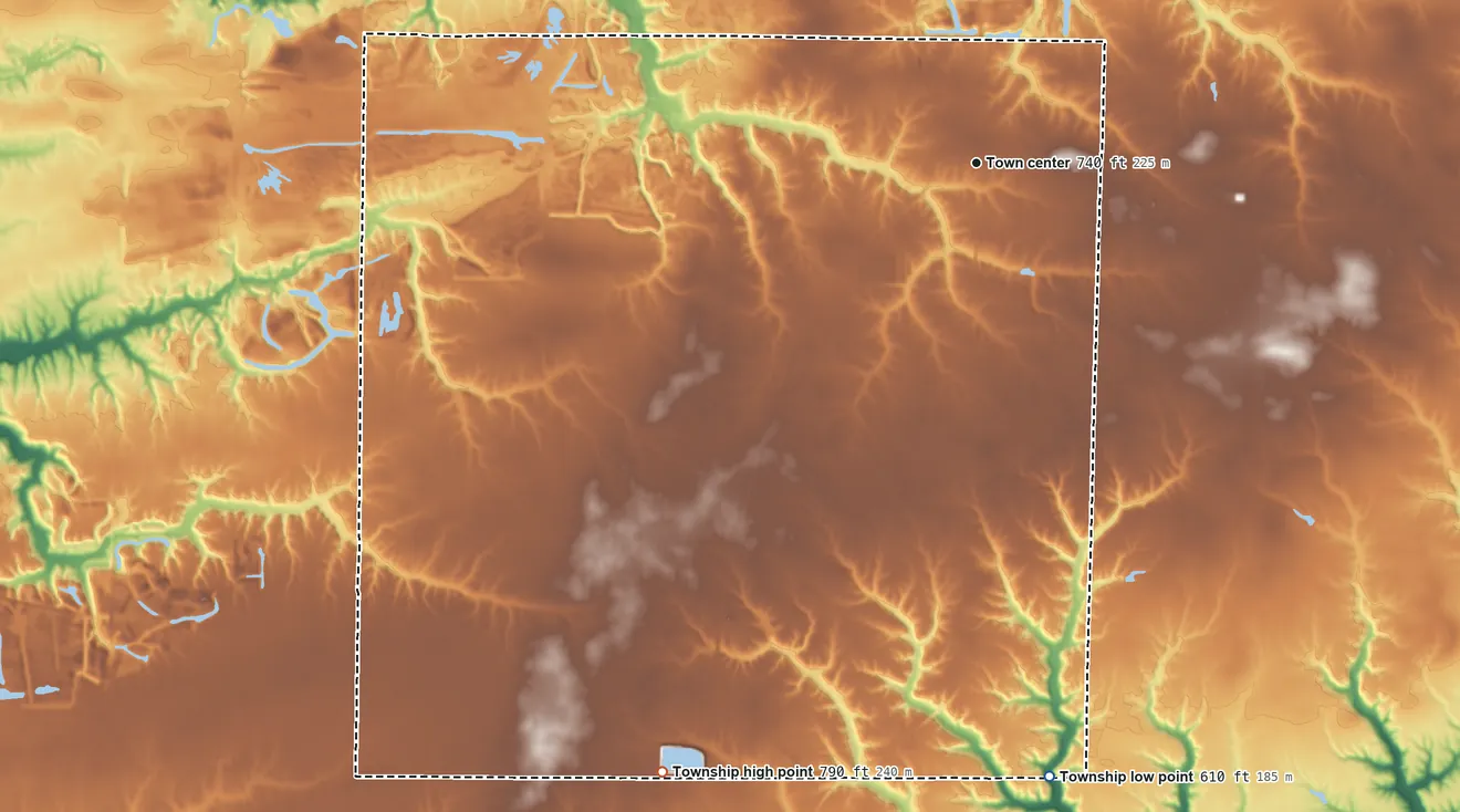 Topographic elevation map of Farmington Township, Illinois, shaded from 610 ft on the south side to 790 ft on the southwest side