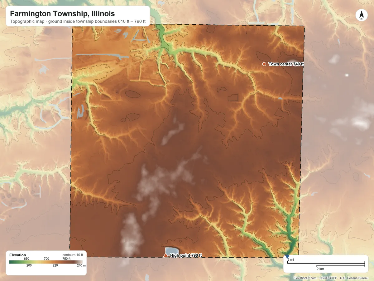 Topographic elevation map of Farmington Township, Illinois, shaded from 610 ft on the south side to 790 ft on the southwest side