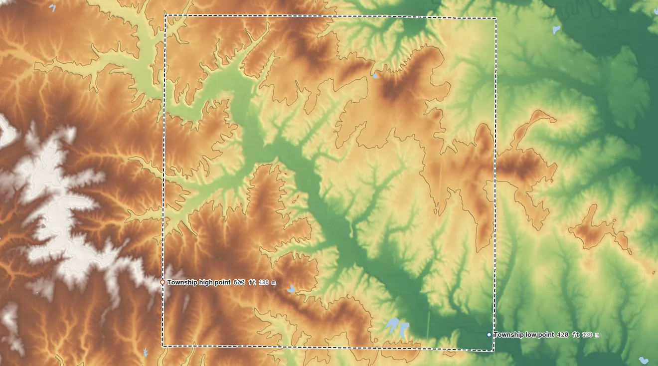 Topographic elevation map of Farrington Township, Illinois, shaded from 420 ft on the southeast side to 600 ft on the southwest side