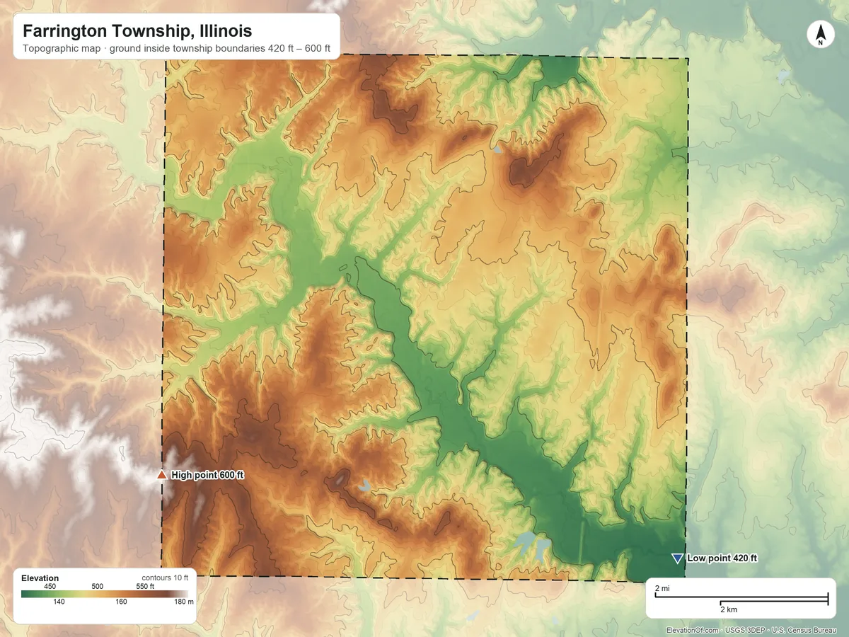Topographic elevation map of Farrington Township, Illinois, shaded from 420 ft on the southeast side to 600 ft on the southwest side