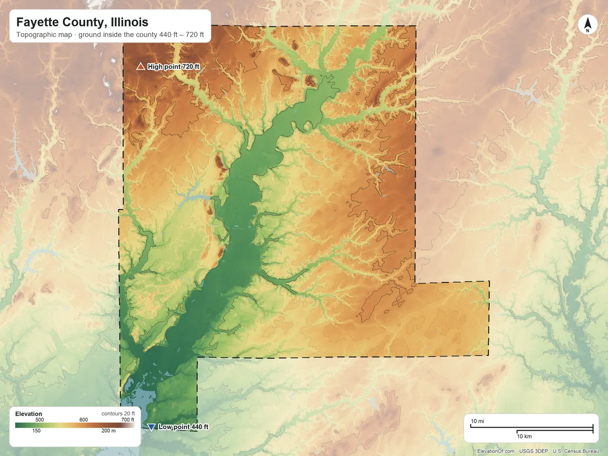 Topographic elevation map of Fayette County, Illinois, shaded from 440 ft on the southwest side to 720 ft on the northwest side