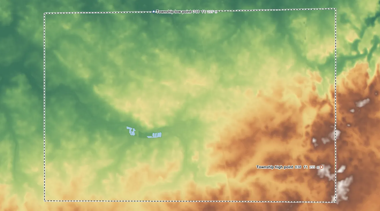 Topographic elevation map of Fayette Township, Illinois, shaded from 740 ft on the northwest side to 830 ft on the southeast side