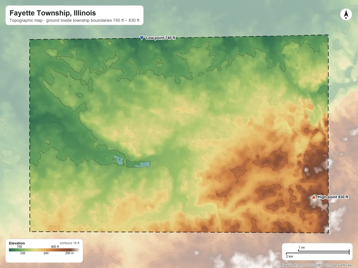 Topographic elevation map of Fayette Township, Illinois, shaded from 740 ft on the northwest side to 830 ft on the southeast side