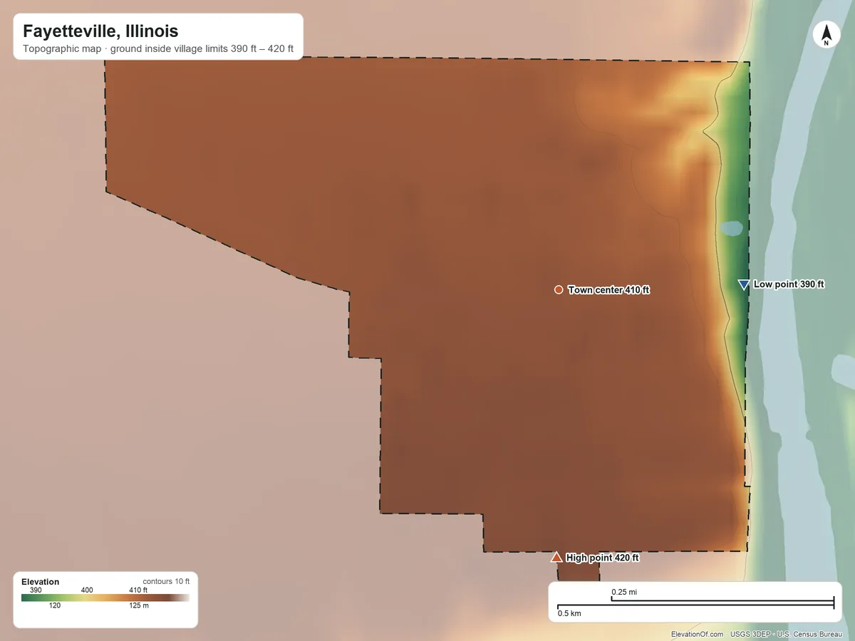 Topographic elevation map of Fayetteville, Illinois, shaded from 390 ft on the east side to 420 ft on the south side