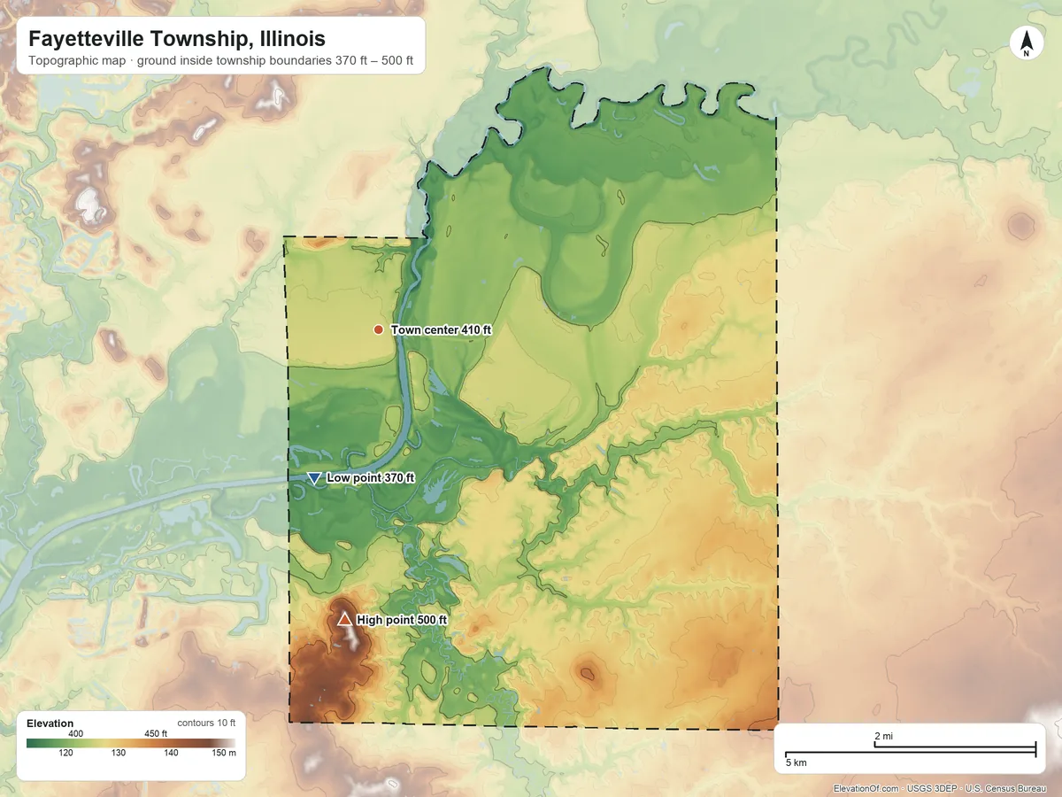 Topographic elevation map of Fayetteville Township, Illinois, shaded from 370 ft on the southwest side to 500 ft on the south side