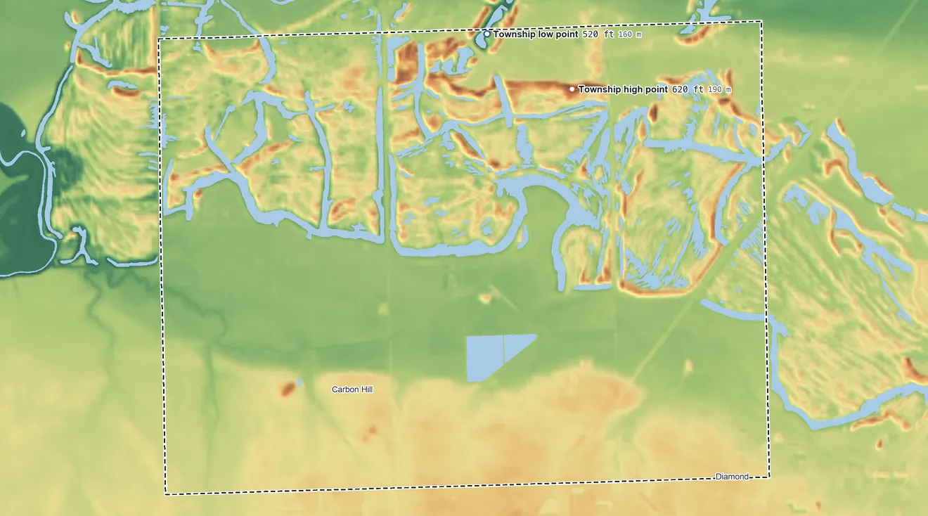 Topographic elevation map of Felix Township, Illinois, shaded from 520 ft on the north side to 620 ft on the north side