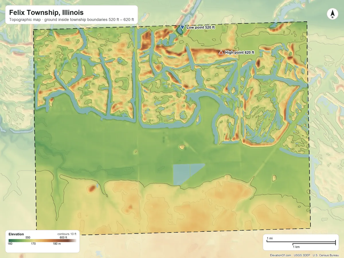 Topographic elevation map of Felix Township, Illinois, shaded from 520 ft on the north side to 620 ft on the north side