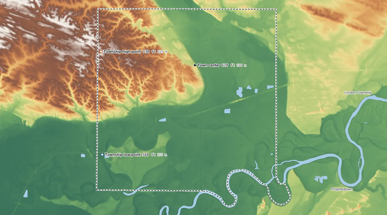 Topographic elevation map of Fenton Township, Illinois, shaded from 580 ft on the southwest side to 730 ft on the west side