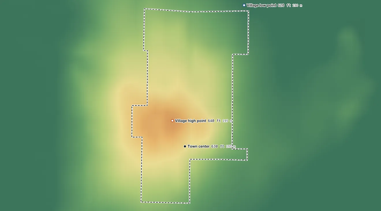 Topographic elevation map of Fidelity, Illinois, shaded from 620 ft on the northeast side to 640 ft on the northwest side