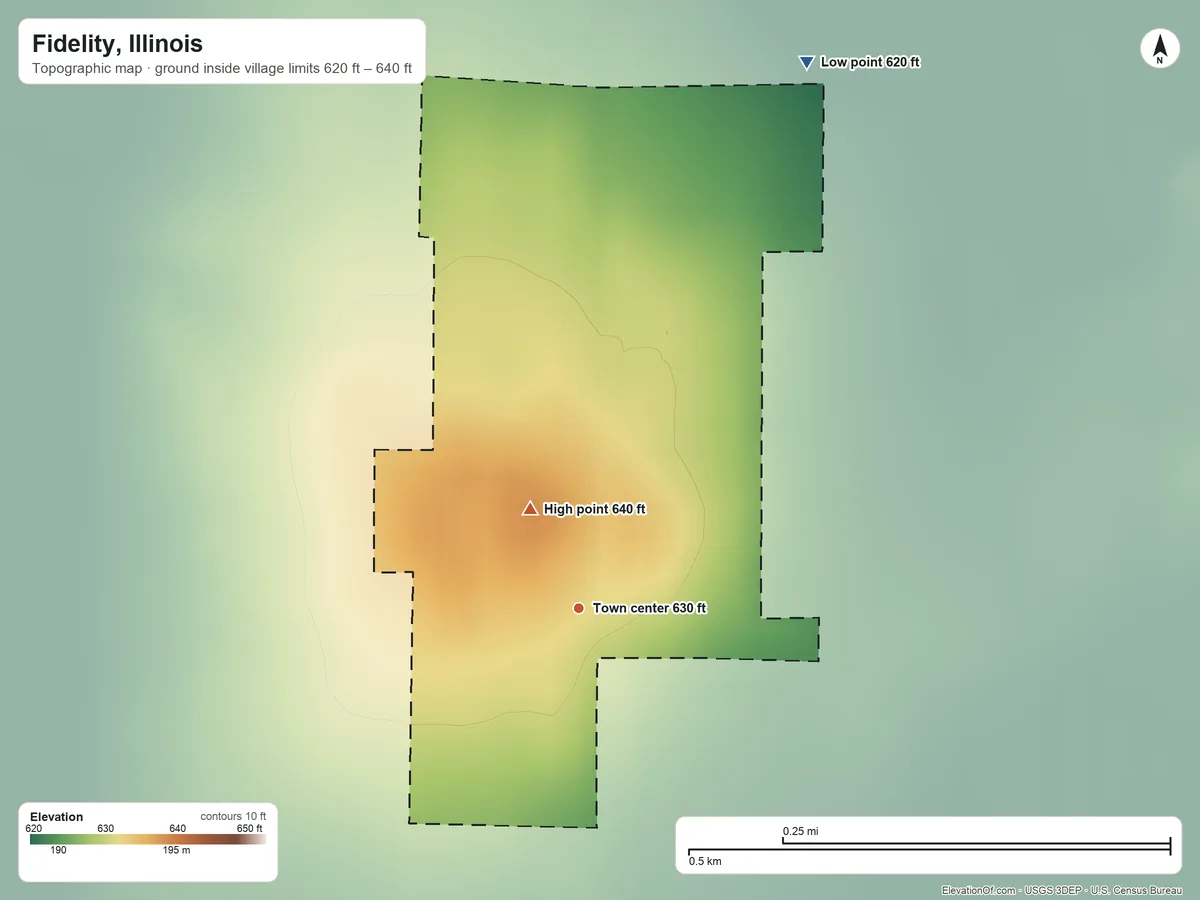 Topographic elevation map of Fidelity, Illinois, shaded from 620 ft on the northeast side to 640 ft on the northwest side