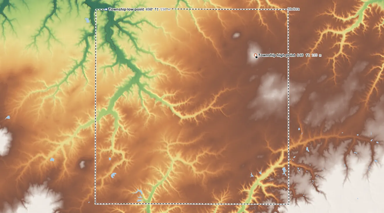 Topographic elevation map of Fidelity Township, Illinois, shaded from 490 ft on the west side to 640 ft near the middle