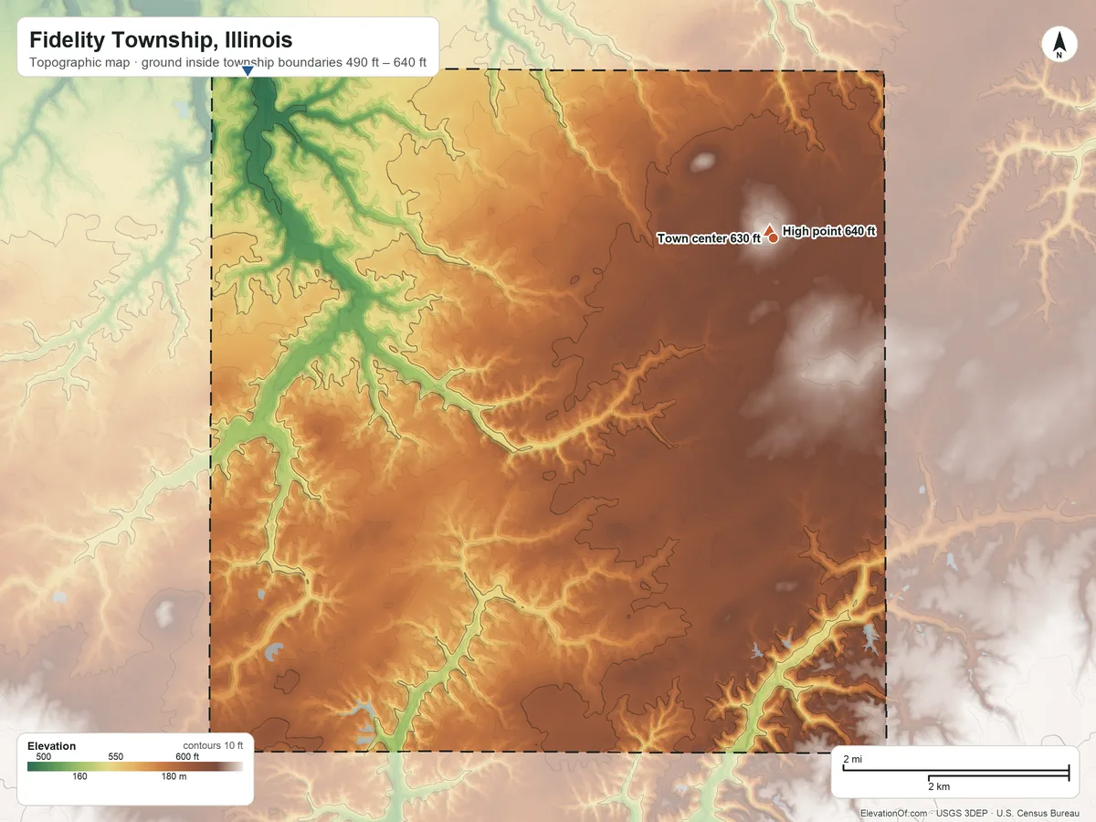 Topographic elevation map of Fidelity Township, Illinois, shaded from 490 ft on the west side to 640 ft near the middle
