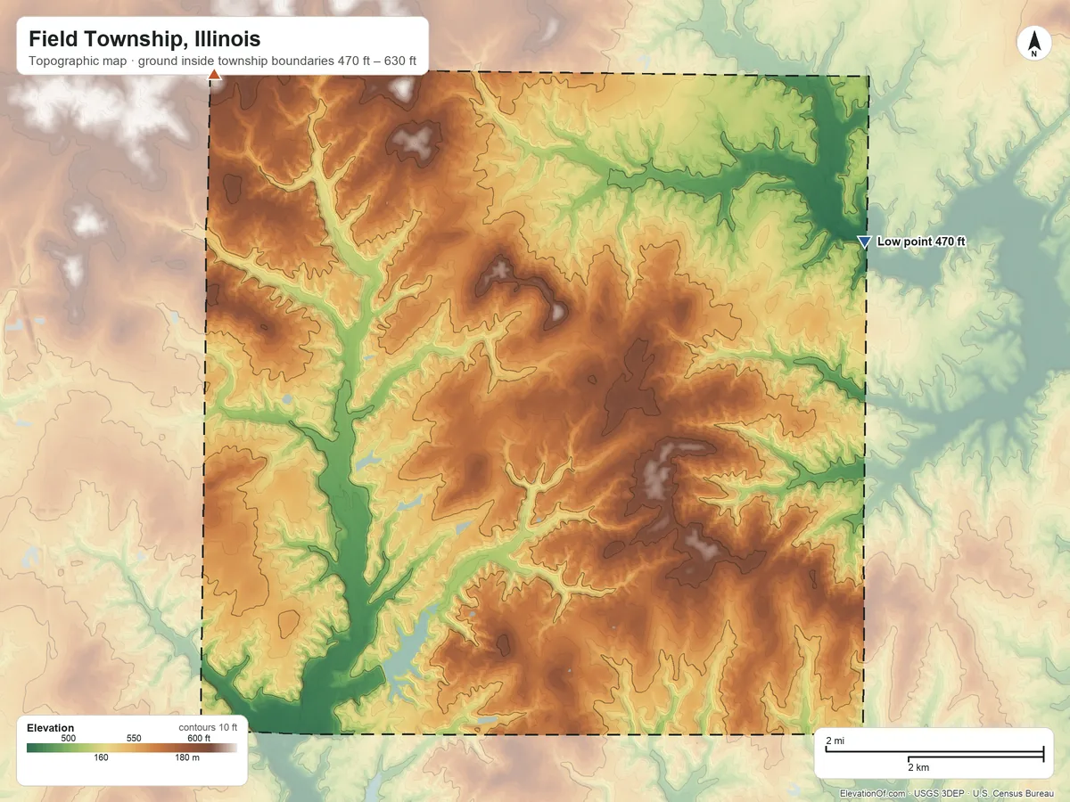 Topographic elevation map of Field Township, Illinois, shaded from 470 ft on the northeast side to 630 ft on the northwest side