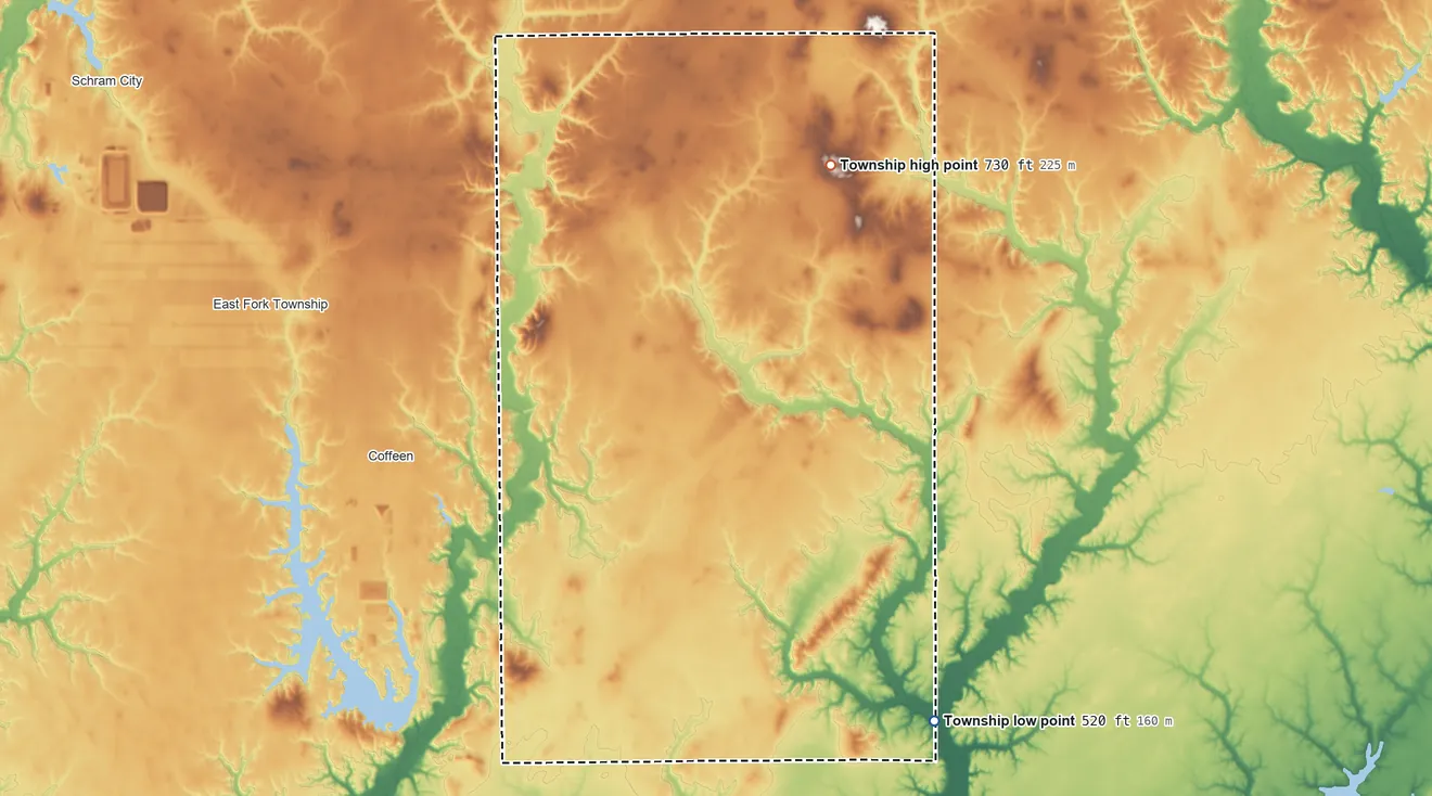 Topographic elevation map of Fillmore Consolidated Township, Illinois, shaded from 520 ft on the southeast side to 730 ft on the north side