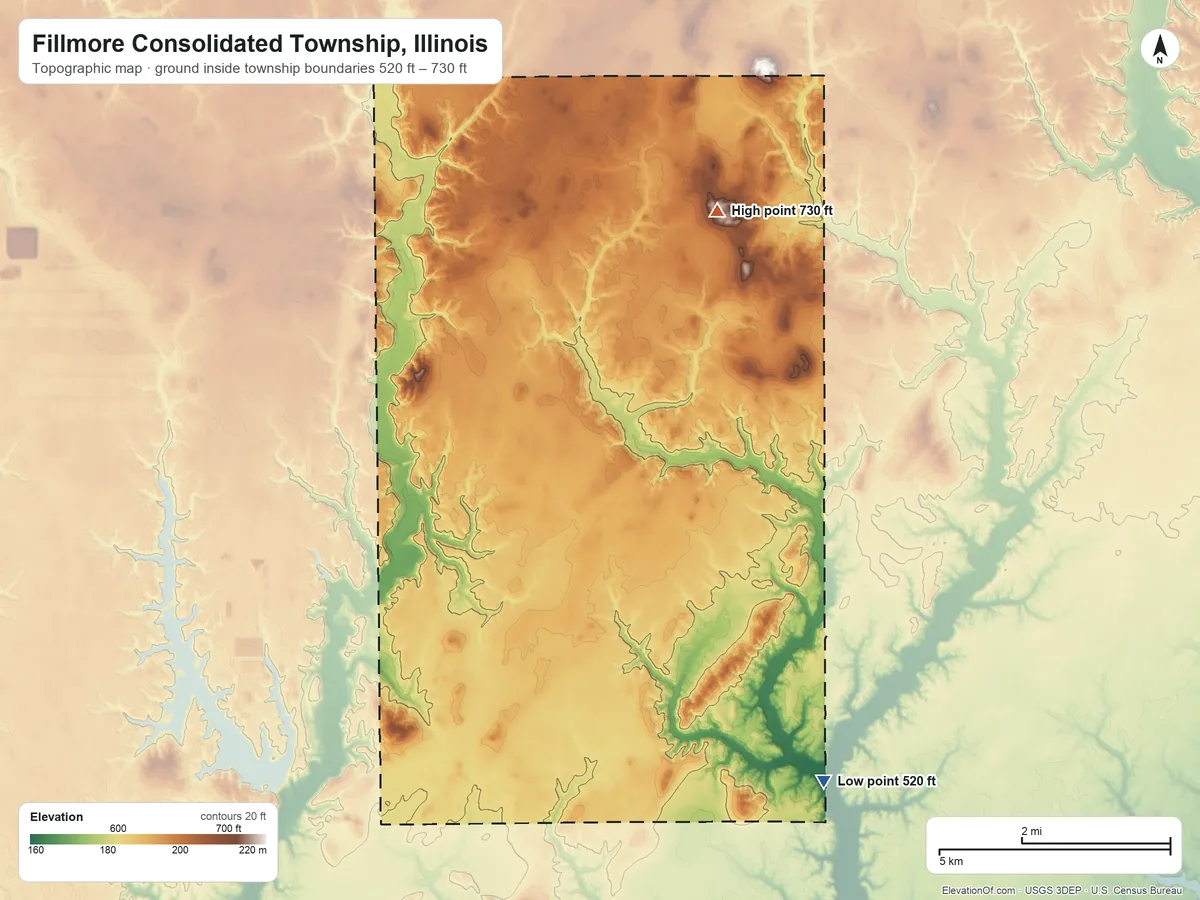 Topographic elevation map of Fillmore Consolidated Township, Illinois, shaded from 520 ft on the southeast side to 730 ft on the north side