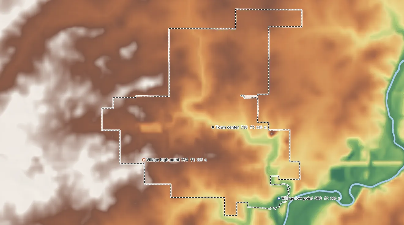 Topographic elevation map of Fisher, Illinois, shaded from 690 ft on the southeast side to 730 ft on the southwest side