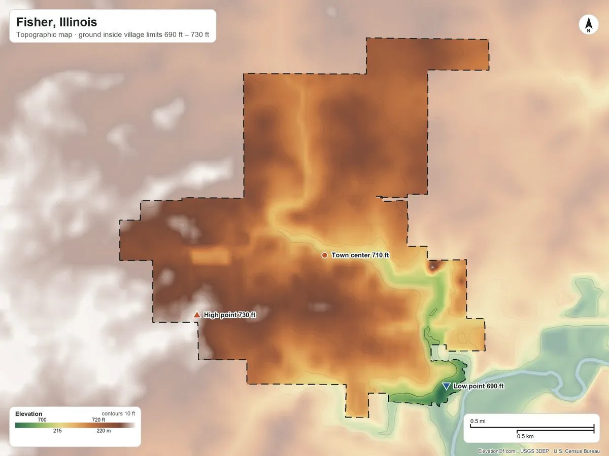 Topographic elevation map of Fisher, Illinois, shaded from 690 ft on the southeast side to 730 ft on the southwest side