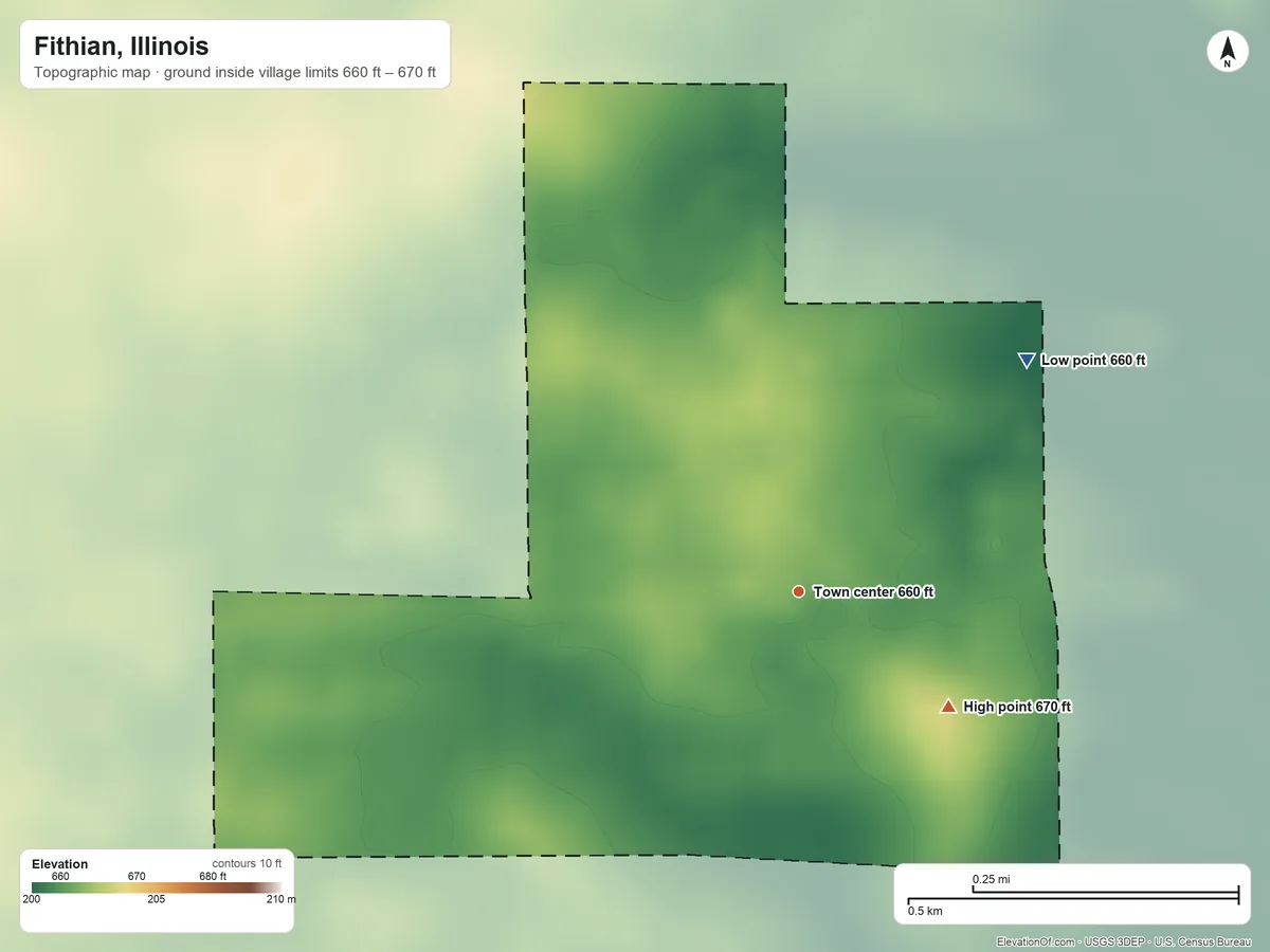Topographic elevation map of Fithian, Illinois, shaded from 660 ft on the northeast side to 670 ft on the southeast side