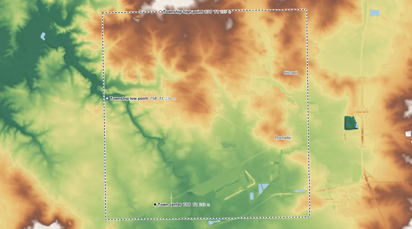 Topographic elevation map of Flagg Township, Illinois, shaded from 750 ft on the northwest side to 870 ft on the north side