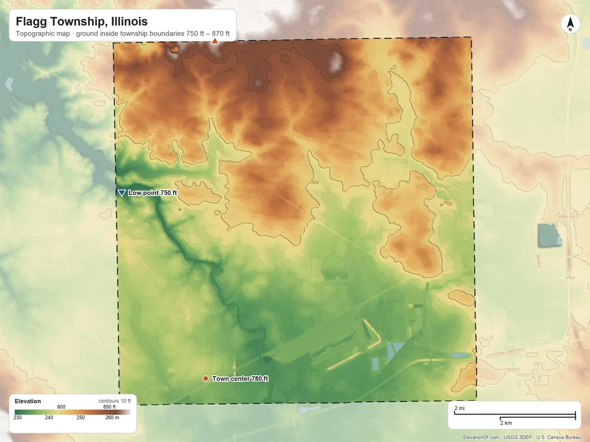Topographic elevation map of Flagg Township, Illinois, shaded from 750 ft on the northwest side to 870 ft on the north side