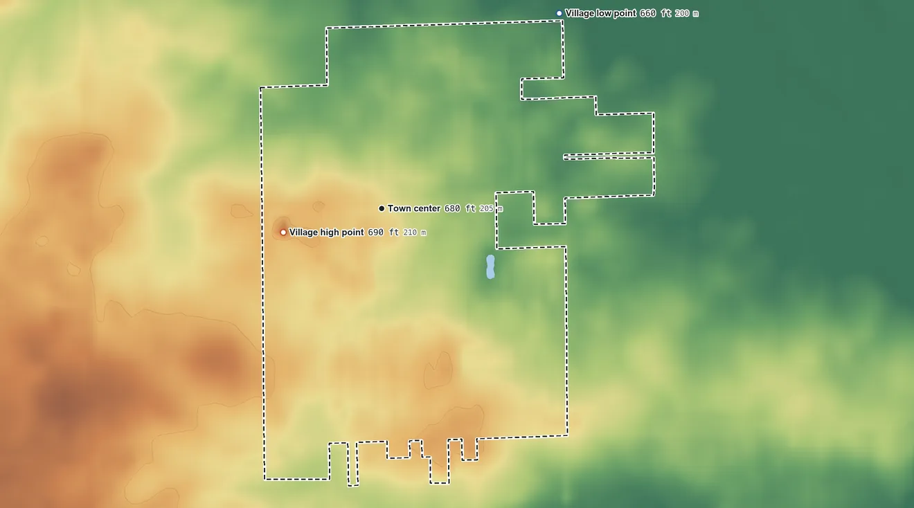 Topographic elevation map of Flanagan, Illinois, shaded from 660 ft on the northeast side to 690 ft on the west side