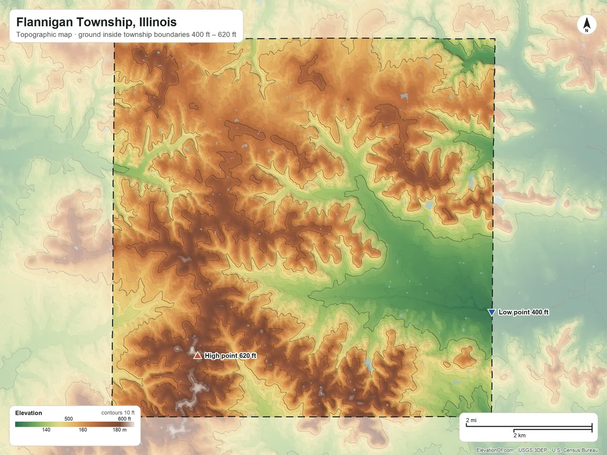 Topographic elevation map of Flannigan Township, Illinois, shaded from 400 ft on the east side to 620 ft on the southwest side