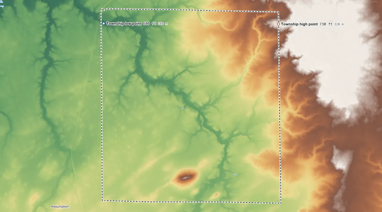 Topographic elevation map of Flat Branch Township, Illinois, shaded from 600 ft on the northwest side to 730 ft on the northeast side