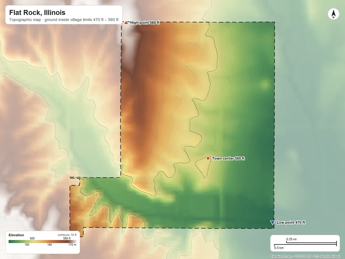 Topographic elevation map of Flat Rock, Illinois, shaded from 470 ft on the southeast side to 560 ft on the northwest side