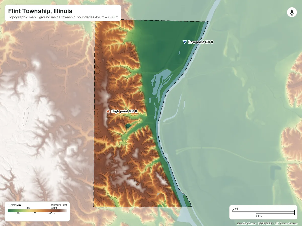 Topographic elevation map of Flint Township, Illinois, shaded from 420 ft on the northeast side to 650 ft near the middle