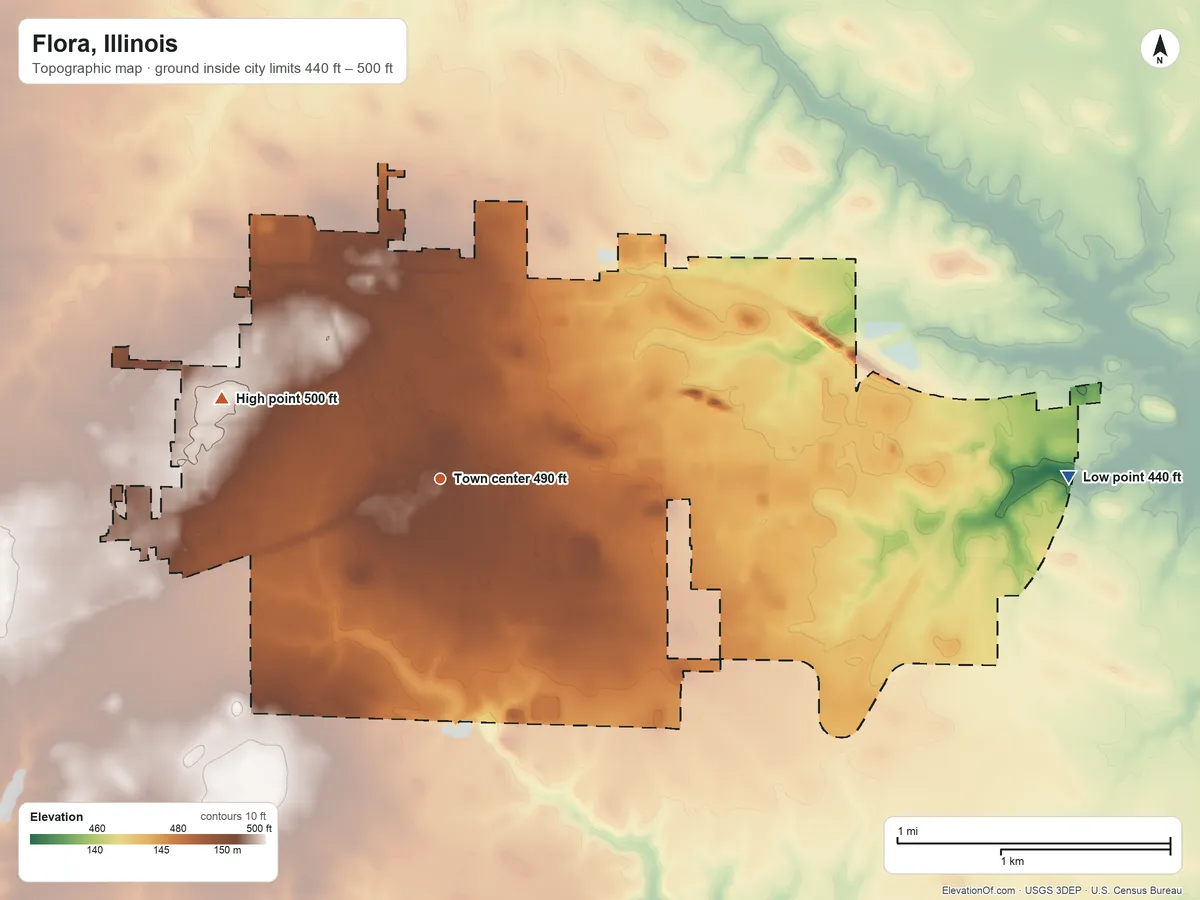 Topographic elevation map of Flora, Illinois, shaded from 440 ft on the east side to 500 ft on the west side