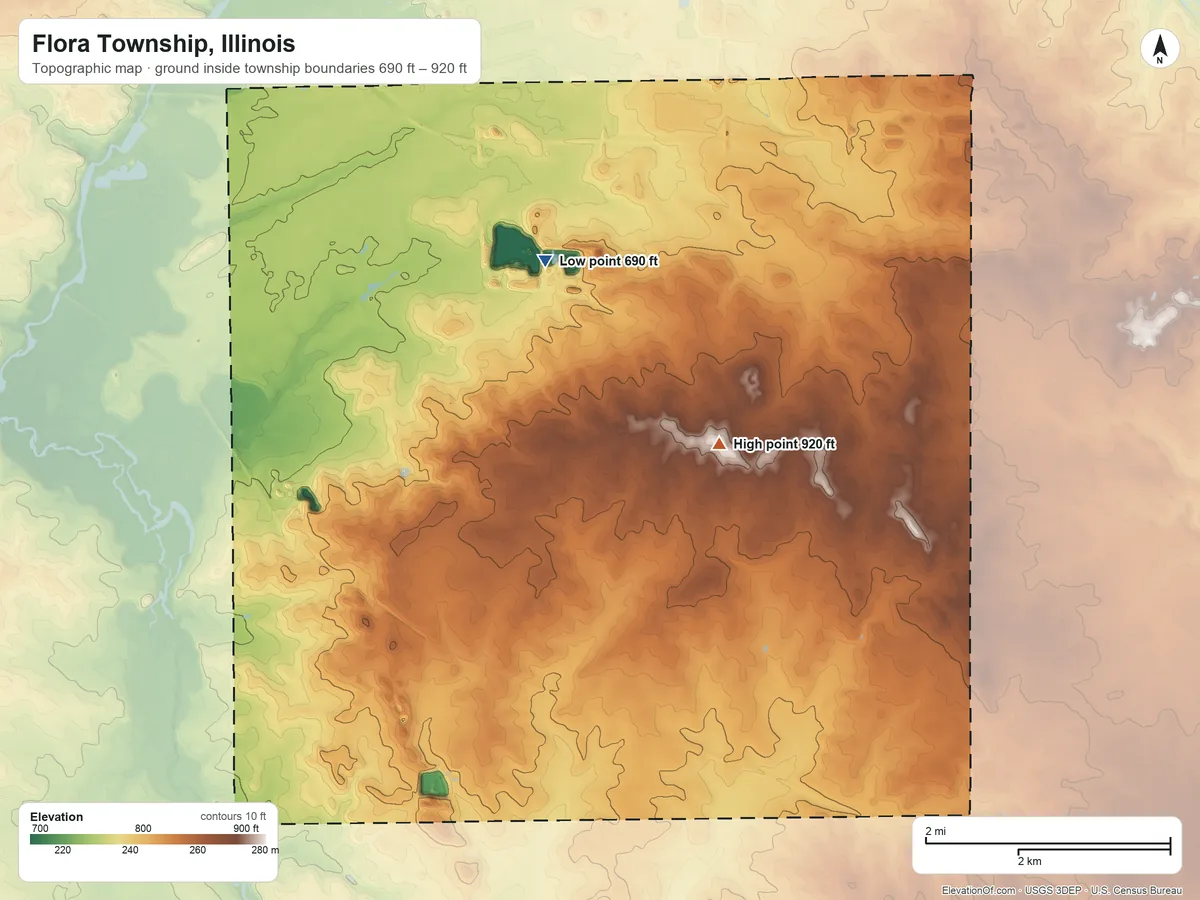 Topographic elevation map of Flora Township, Illinois, shaded from 690 ft on the west side to 920 ft on the south side