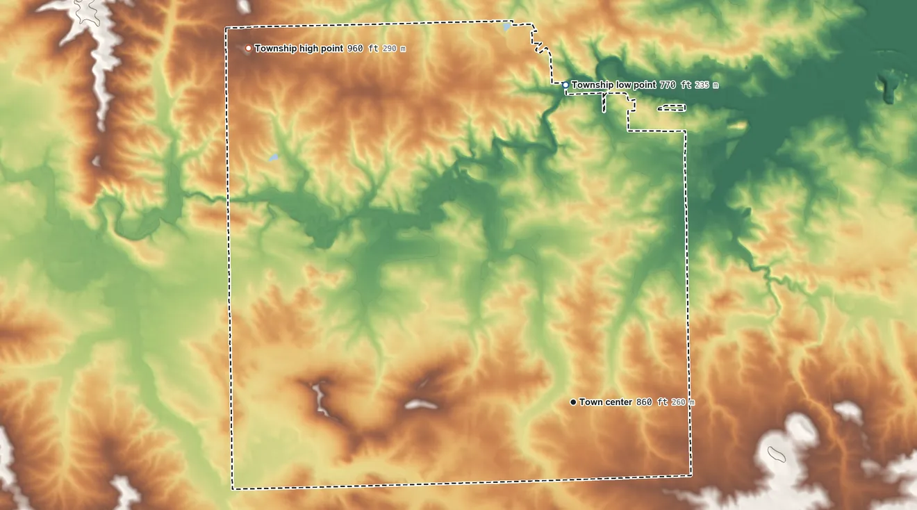 Topographic elevation map of Florence Township, Illinois, shaded from 770 ft on the north side to 960 ft on the northwest side