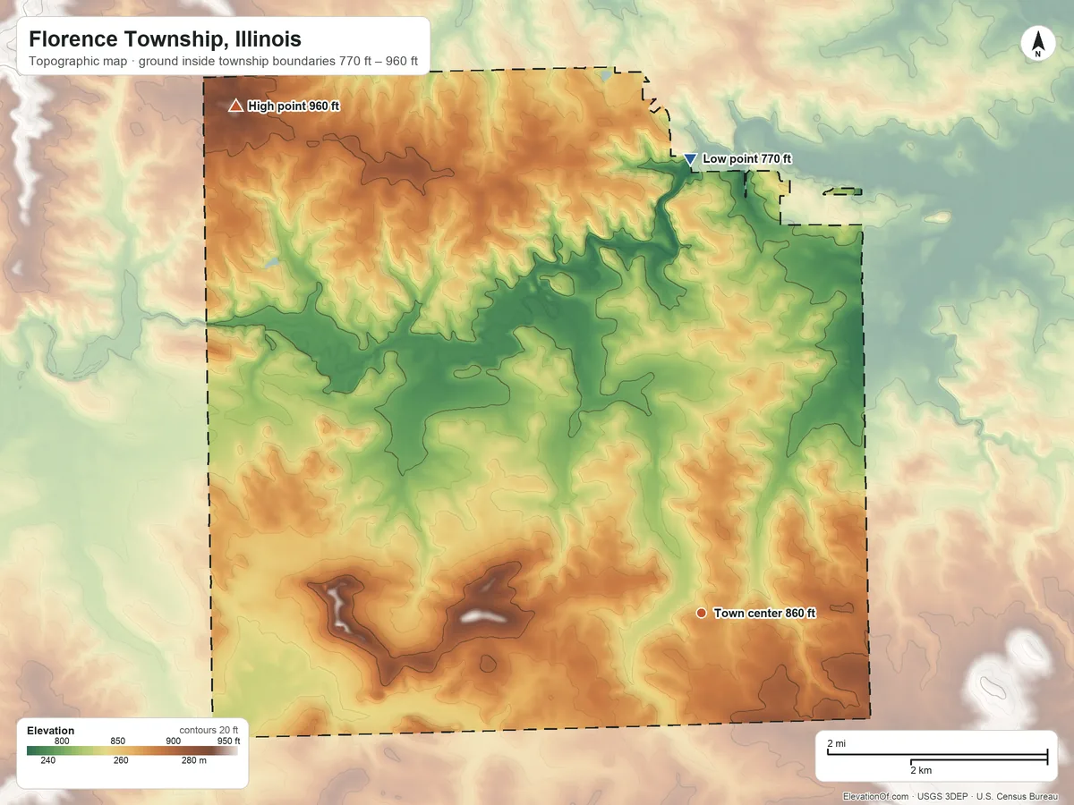 Topographic elevation map of Florence Township, Illinois, shaded from 770 ft on the north side to 960 ft on the northwest side