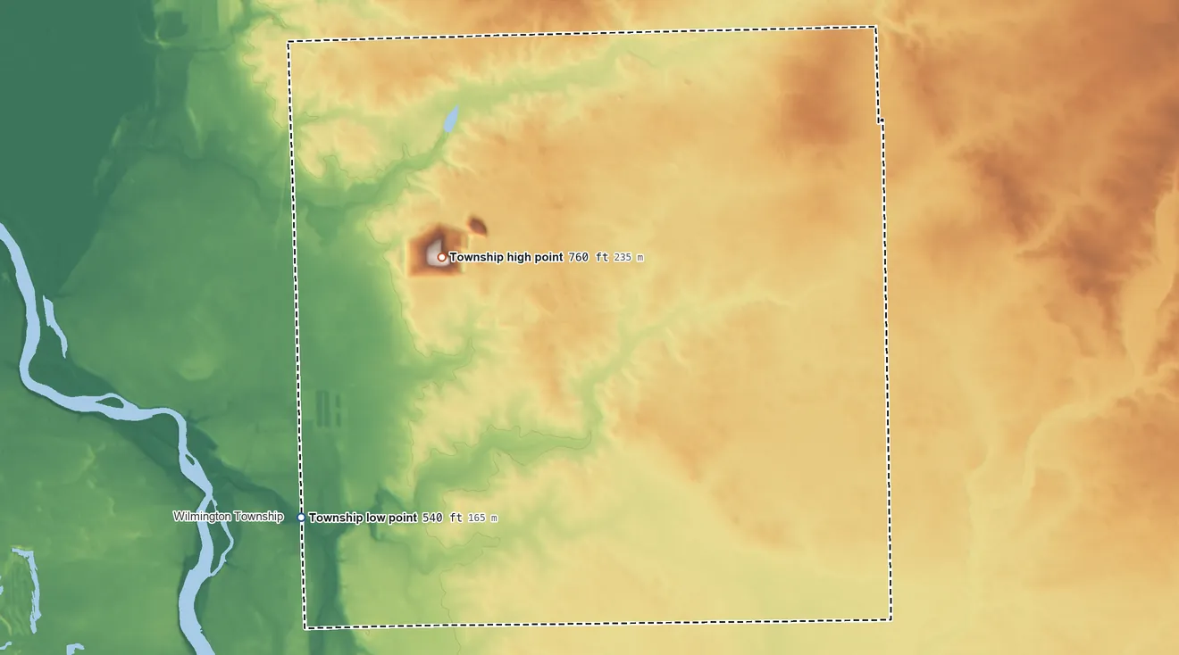 Topographic elevation map of Florence Township, Will County, Illinois, shaded from 540 ft on the southwest side to 760 ft on the north side