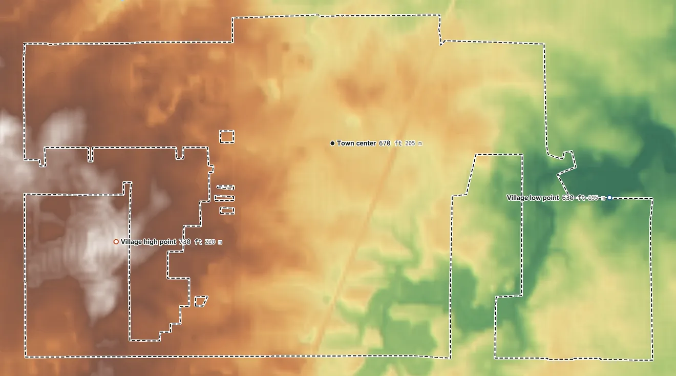 Topographic elevation map of Flossmoor, Illinois, shaded from 630 ft on the east side to 730 ft on the southwest side