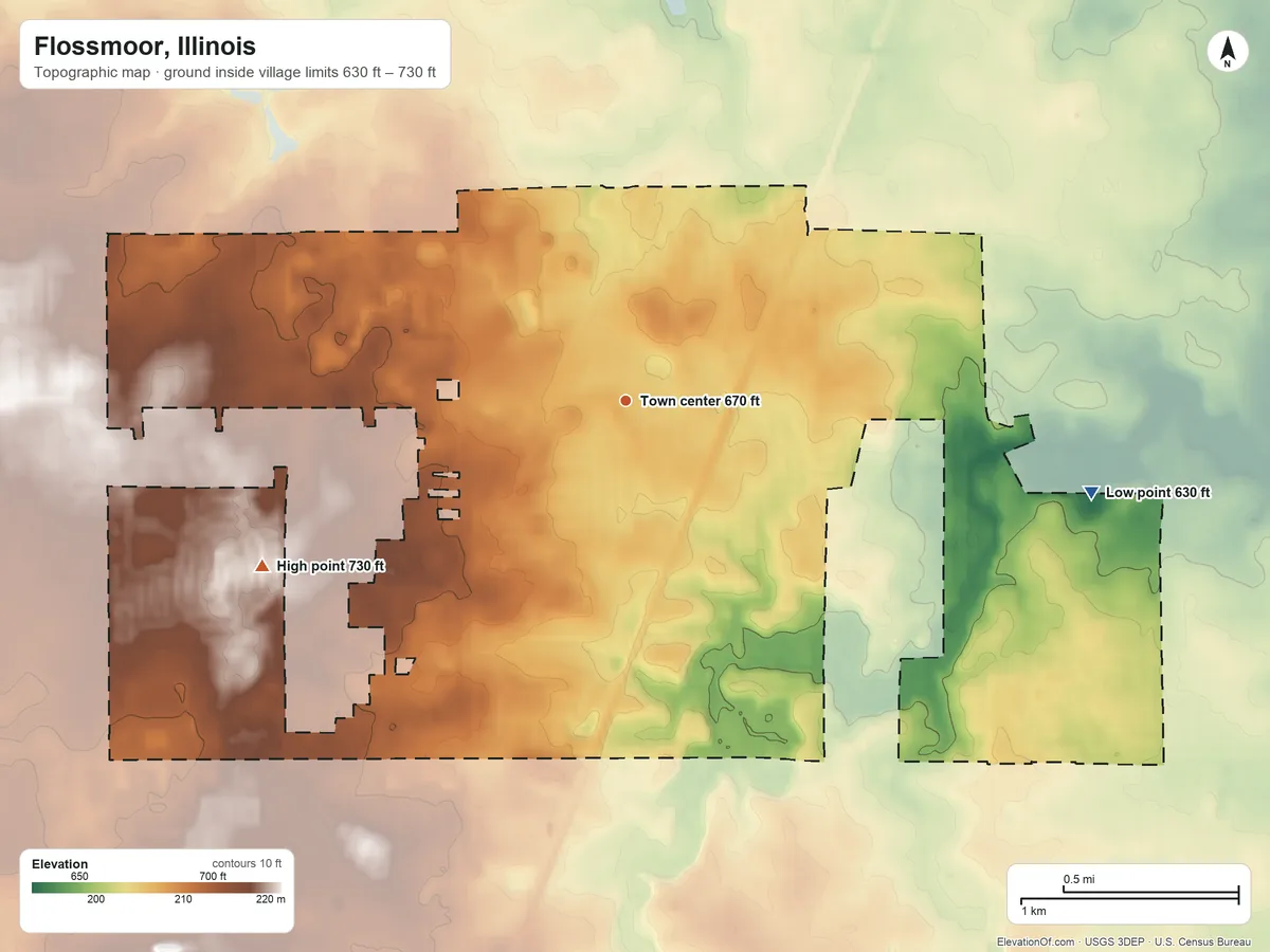 Topographic elevation map of Flossmoor, Illinois, shaded from 630 ft on the east side to 730 ft on the southwest side