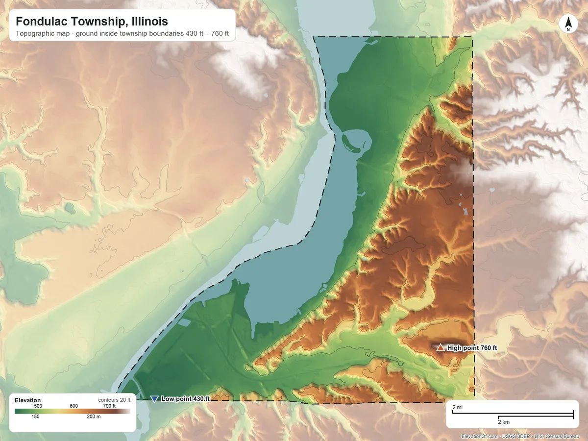 Topographic elevation map of Fondulac Township, Illinois, shaded from 430 ft on the southwest side to 760 ft on the southeast side