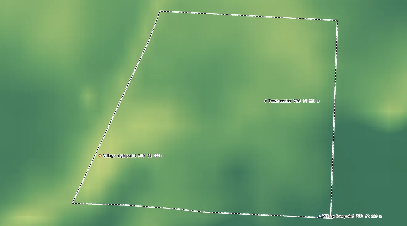 Topographic elevation map of Foosland, Illinois, shaded from 730 ft on the southeast side to 740 ft on the west side