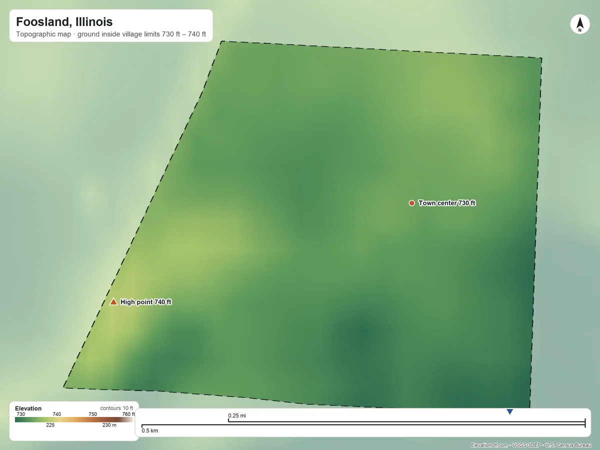 Topographic elevation map of Foosland, Illinois, shaded from 730 ft on the southeast side to 740 ft on the west side