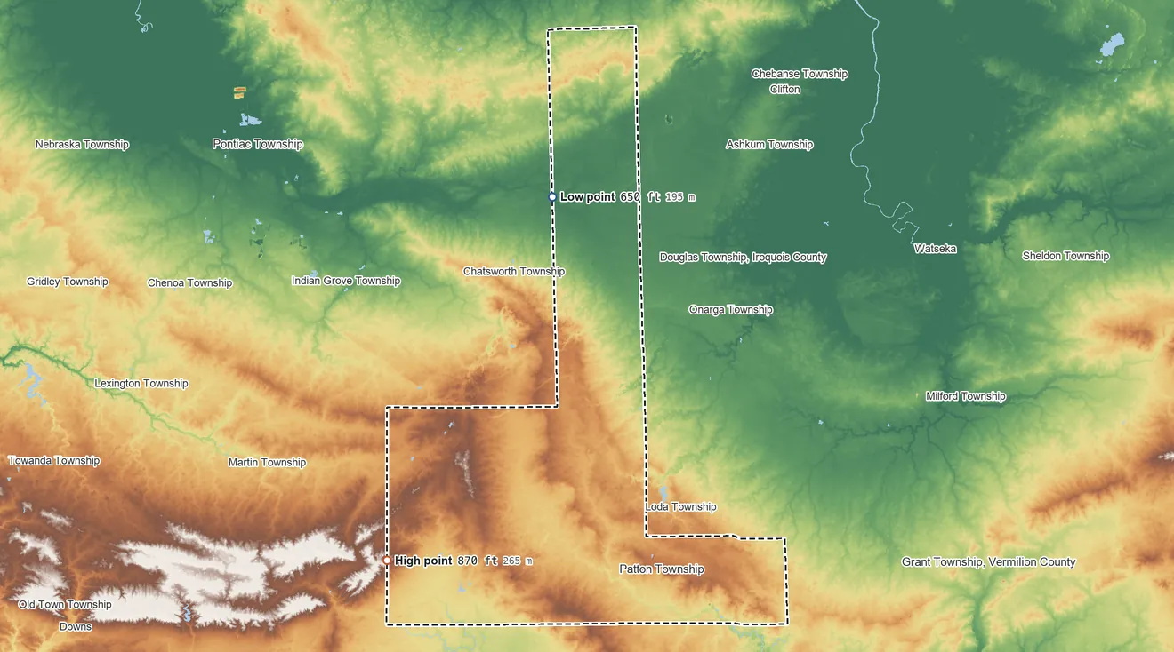 Topographic elevation map of Ford County, Illinois, shaded from 650 ft on the north side to 870 ft on the southwest side