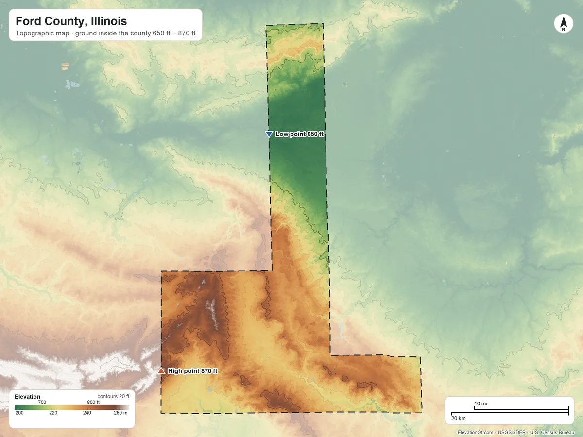 Topographic elevation map of Ford County, Illinois, shaded from 650 ft on the north side to 870 ft on the southwest side