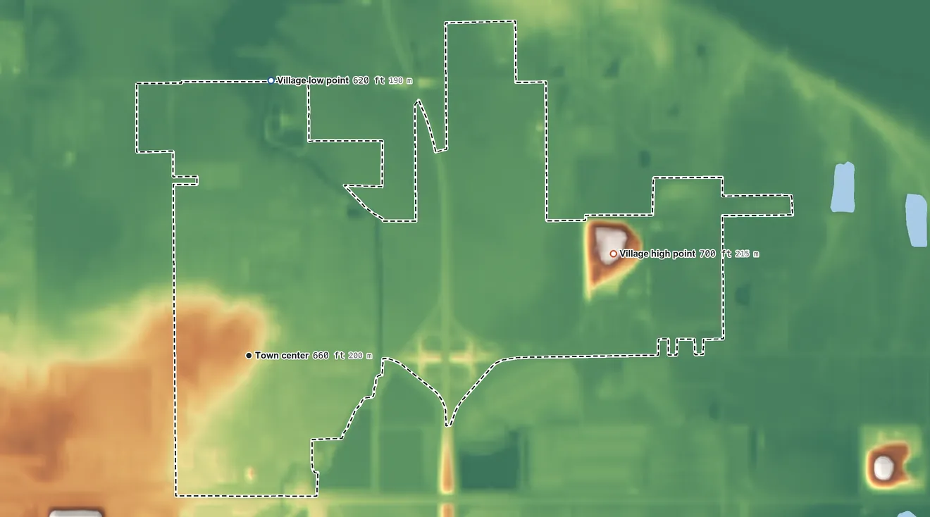 Topographic elevation map of Ford Heights, Illinois, shaded from 620 ft on the north side to 700 ft on the east side