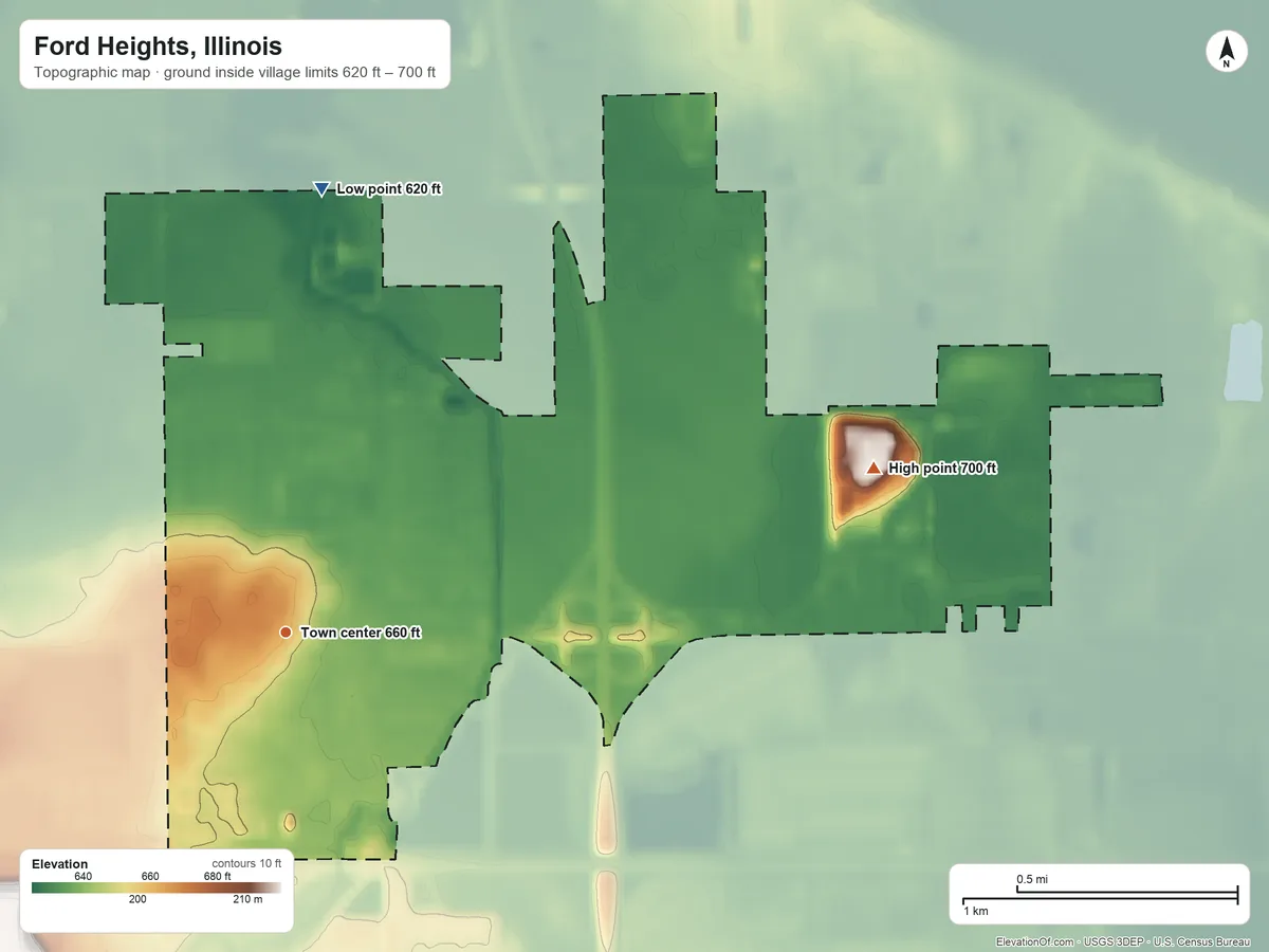 Topographic elevation map of Ford Heights, Illinois, shaded from 620 ft on the north side to 700 ft on the east side
