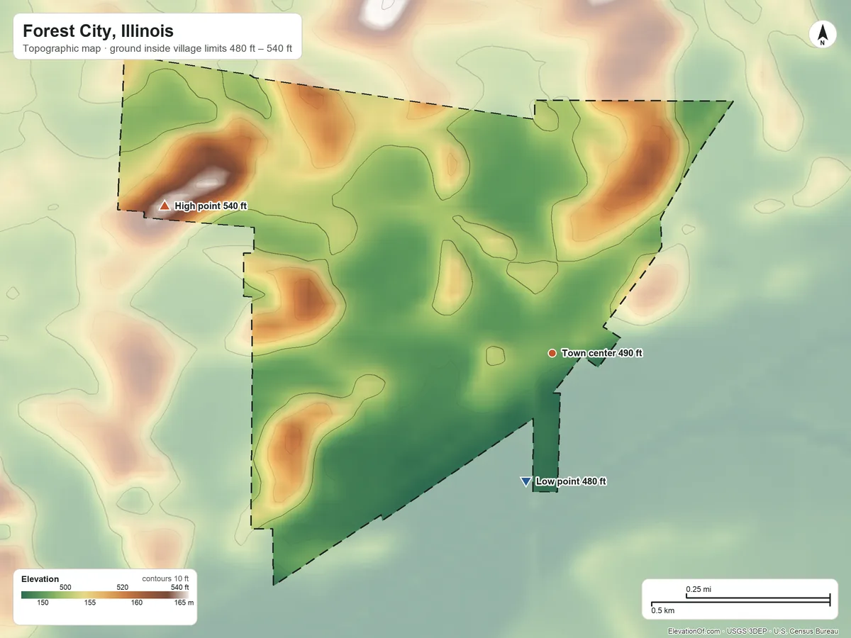 Topographic elevation map of Forest City, Illinois, shaded from 480 ft on the south side to 540 ft on the west side