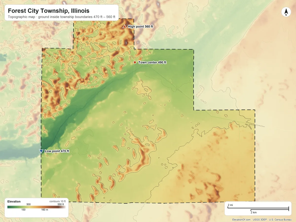 Topographic elevation map of Forest City Township, Illinois, shaded from 470 ft on the southwest side to 560 ft on the north side