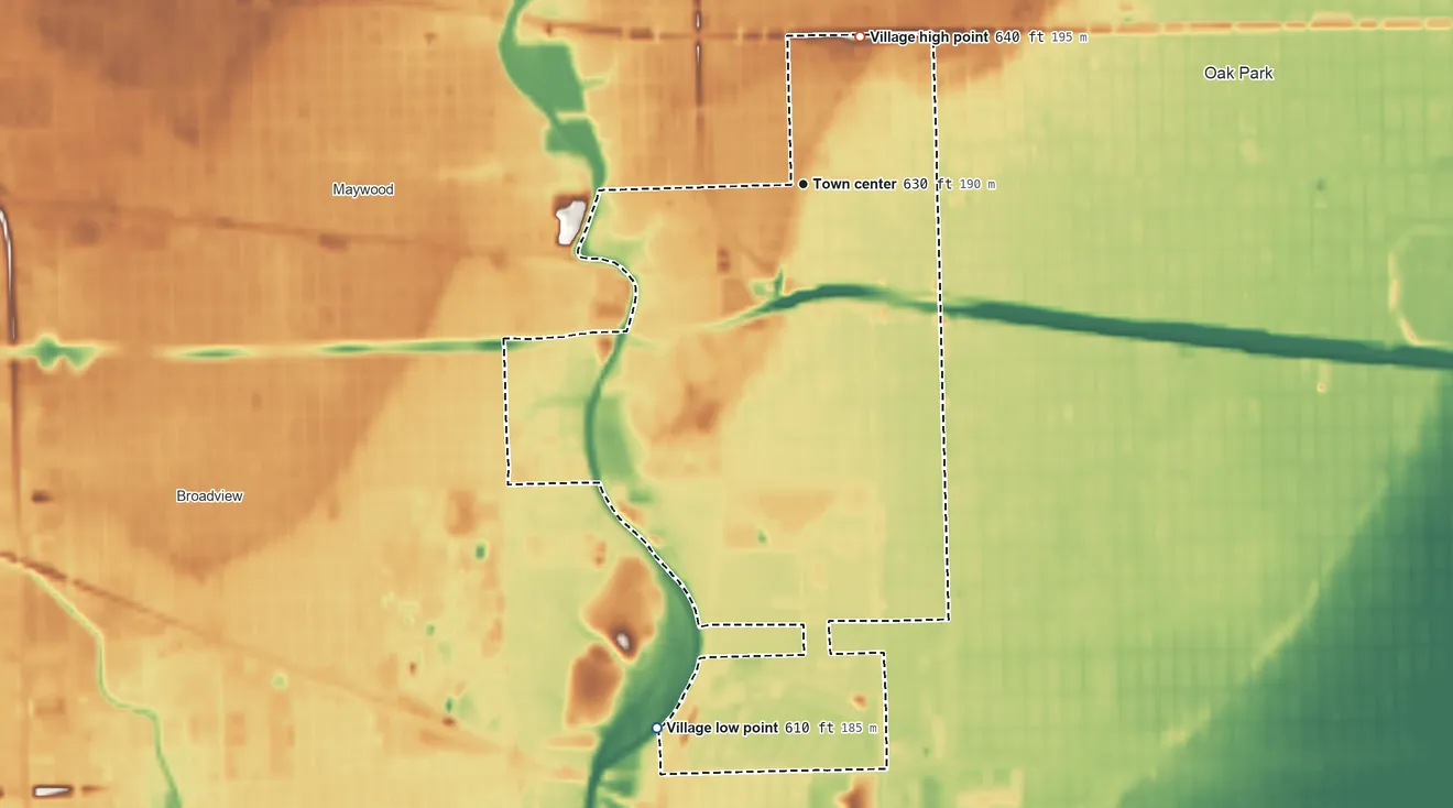 Topographic elevation map of Forest Park, Illinois, shaded from 610 ft on the south side to 640 ft on the north side