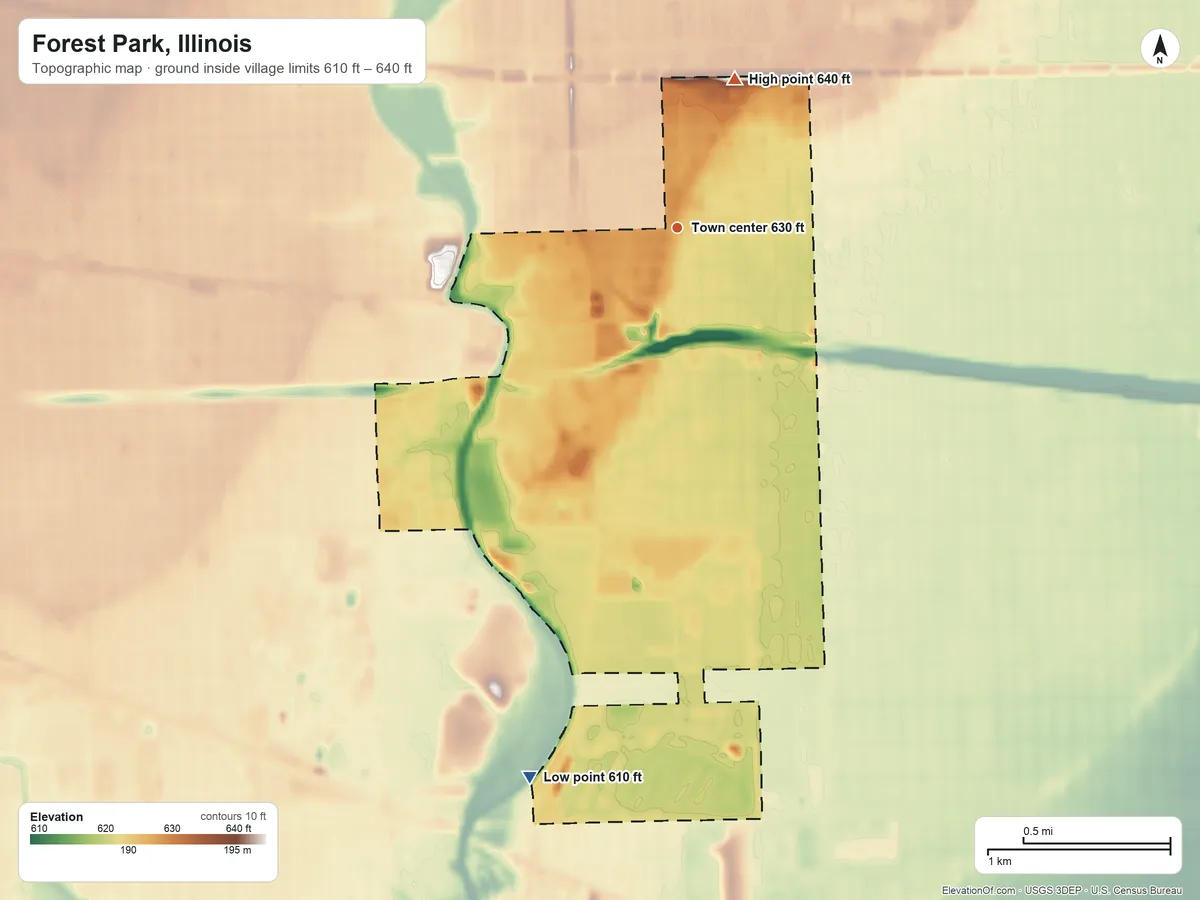 Topographic elevation map of Forest Park, Illinois, shaded from 610 ft on the south side to 640 ft on the north side