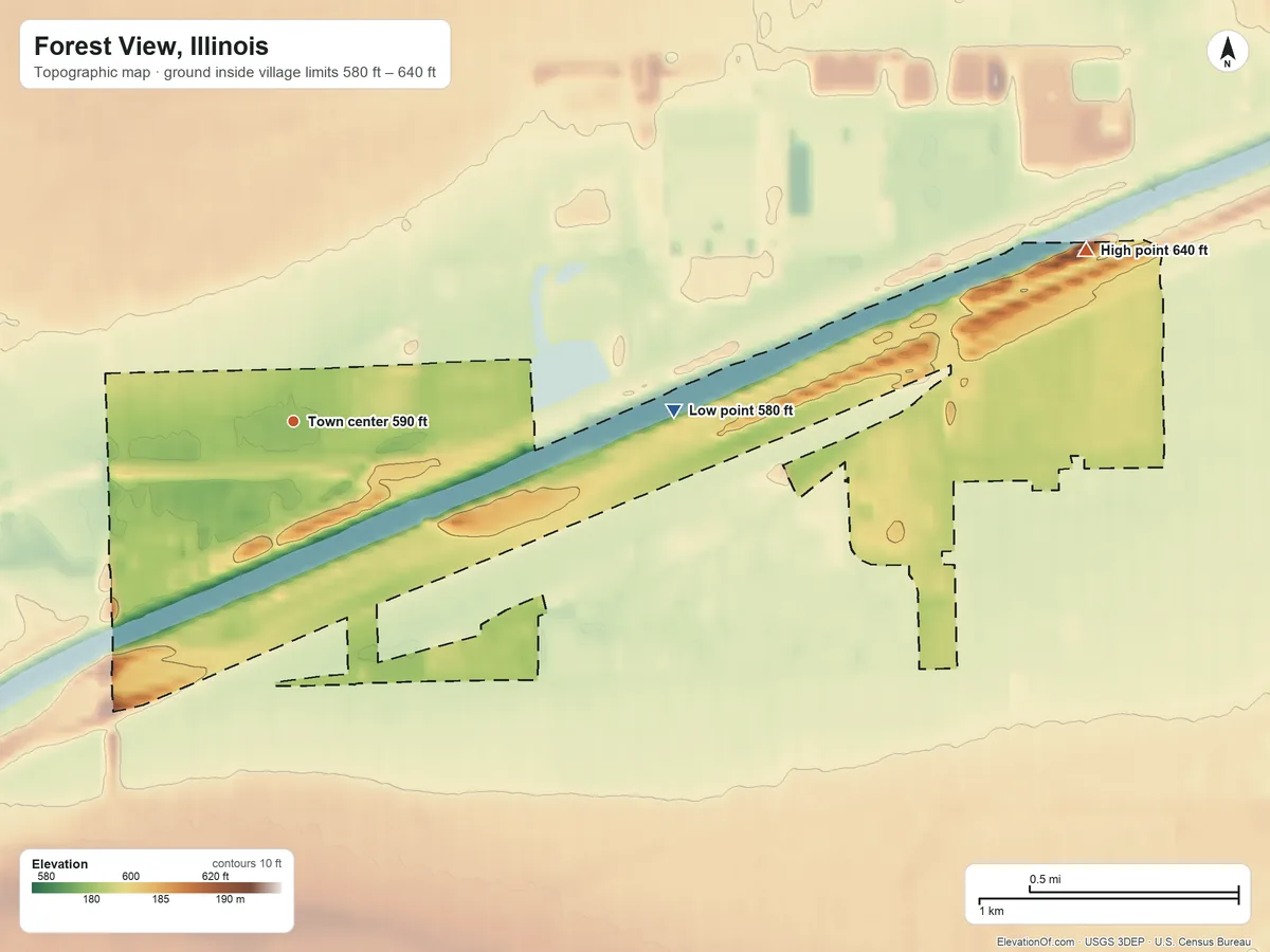 Topographic elevation map of Forest View, Illinois, shaded from 580 ft on the east side to 640 ft on the east side
