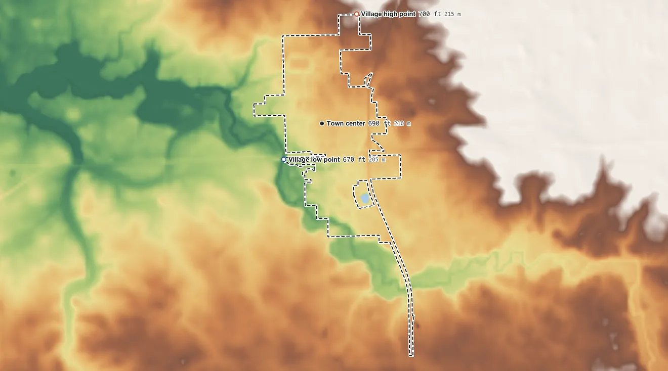 Topographic elevation map of Forrest, Illinois, shaded from 670 ft on the southwest side to 700 ft on the north side
