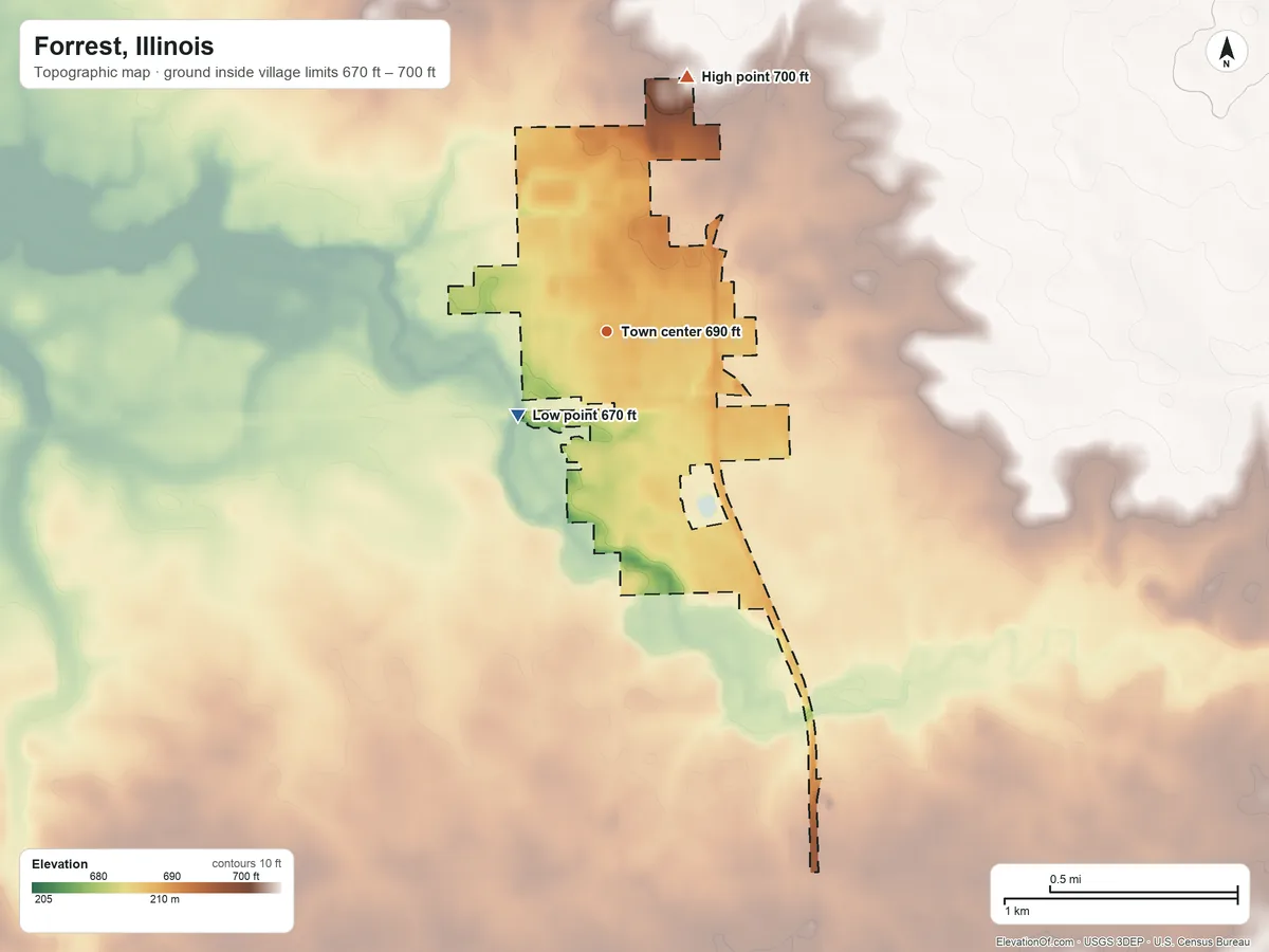 Topographic elevation map of Forrest, Illinois, shaded from 670 ft on the southwest side to 700 ft on the north side
